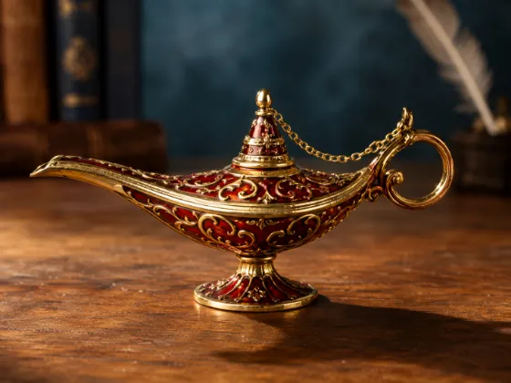 Red and gold ornate genie-style oil lamp resting on a wooden tabletop with a long shadow and blurred blue interior background.