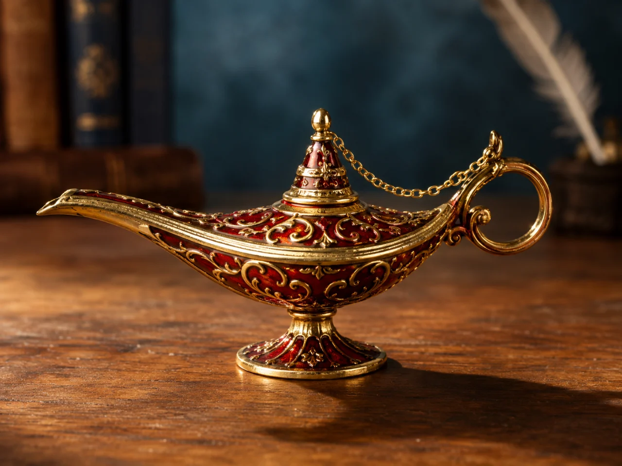 Red and gold ornate genie-style oil lamp resting on a wooden tabletop with a long shadow and blurred blue interior background.