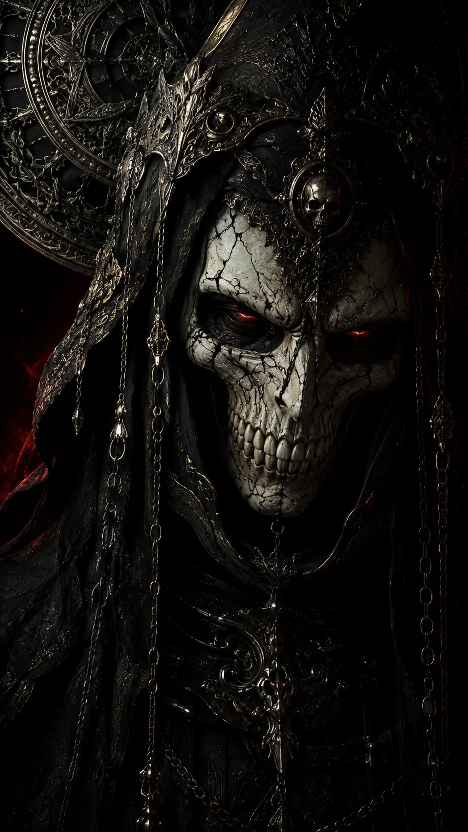 Ornate skeletal guardian with cracked bone mask, crimson eyes, chains, and gothic black metal details.