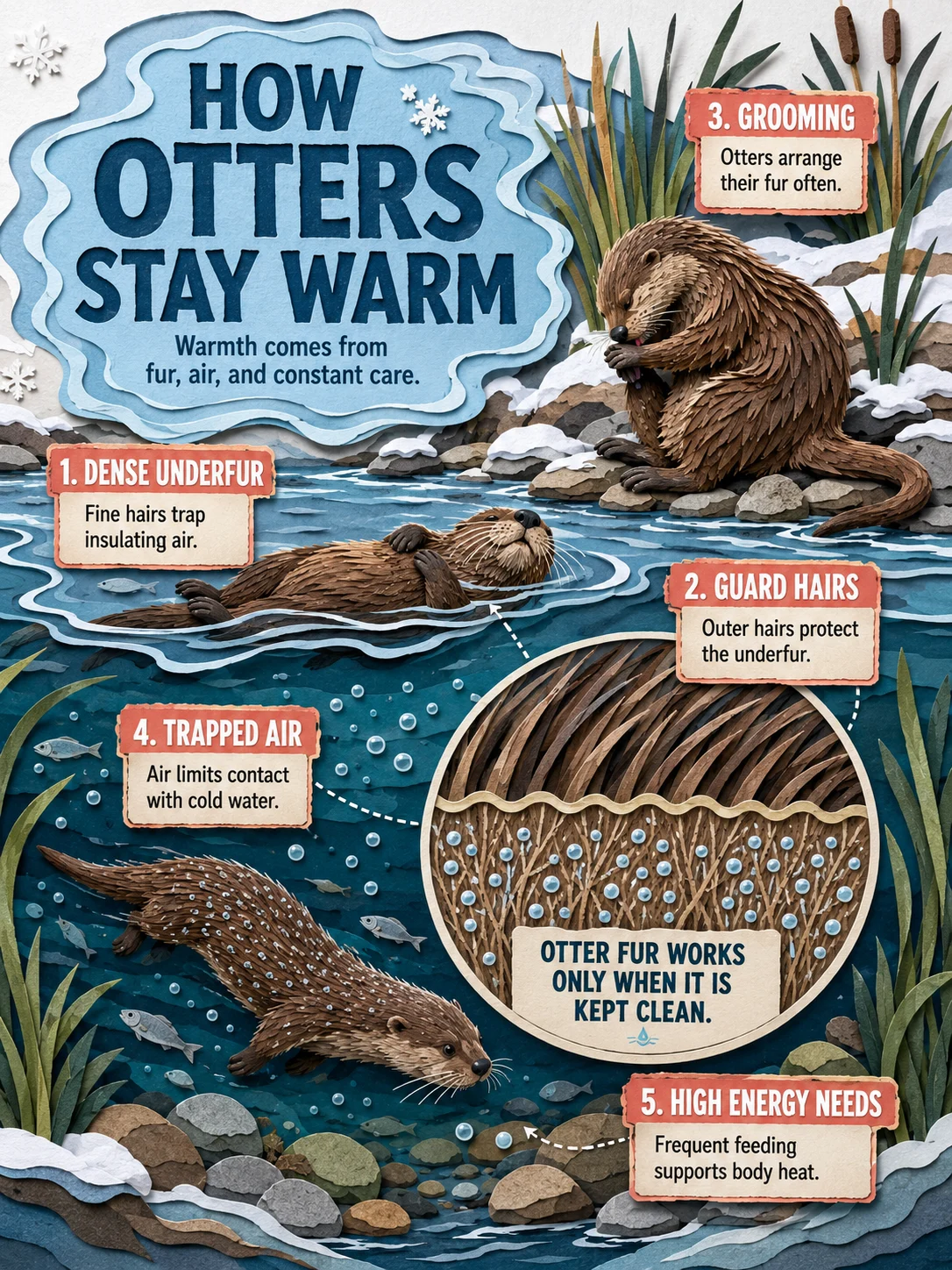Layered winter river scene with three otters, visible fur layers, tiny bubbles in the coat, five large labels, and a circular grooming note.