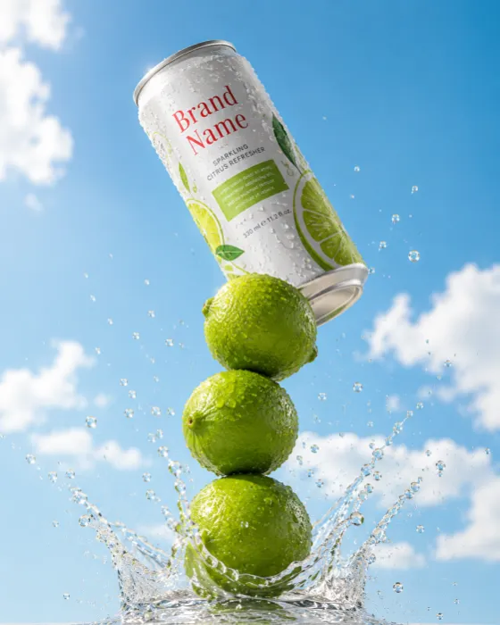 A premium aluminum can of citrus drink balanced on three fresh limes with water splashes against a bright blue sky, perfect for beverage advertising inspiration.