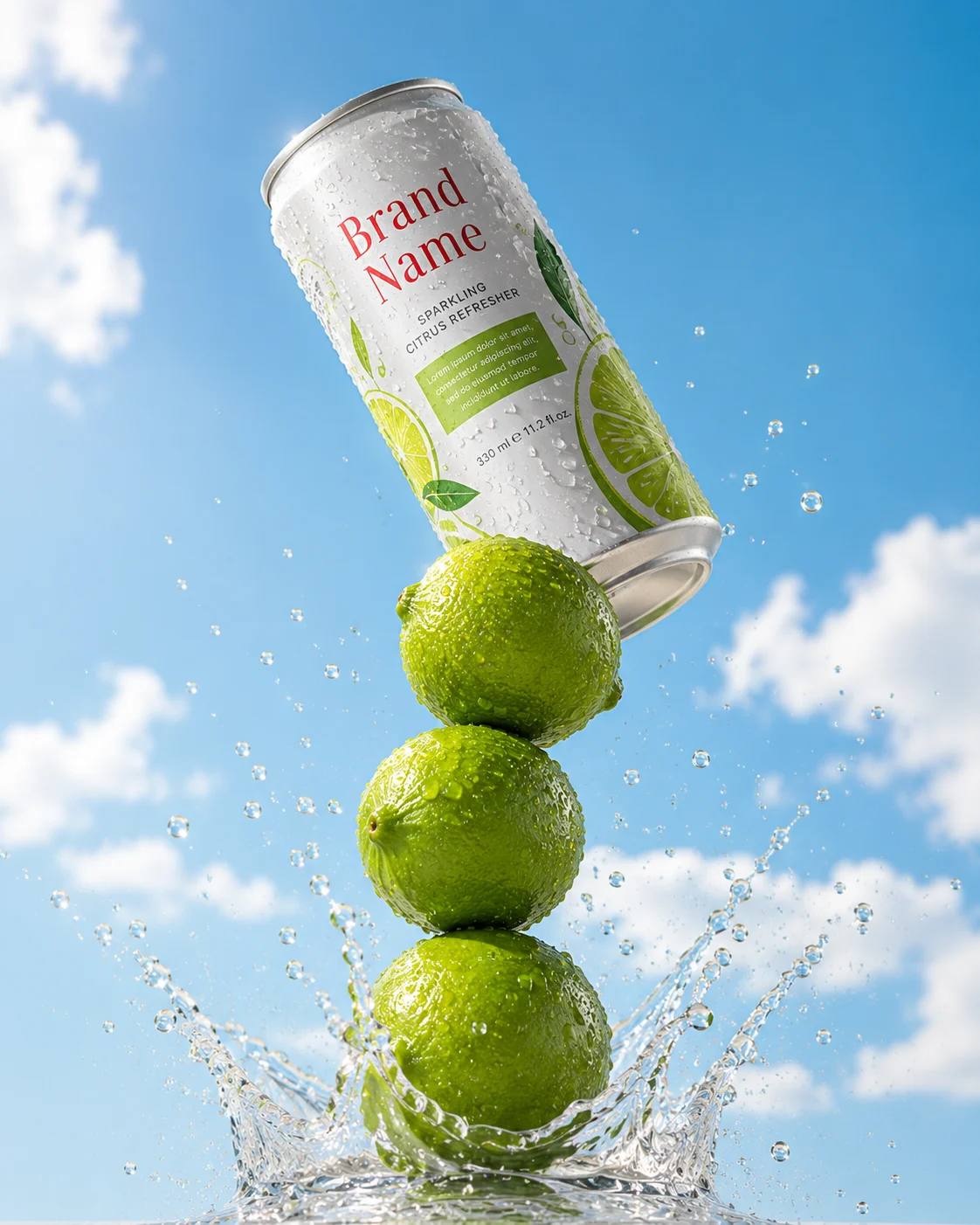 A premium aluminum can of citrus drink balanced on three fresh limes with water splashes against a bright blue sky, perfect for beverage advertising inspiration.