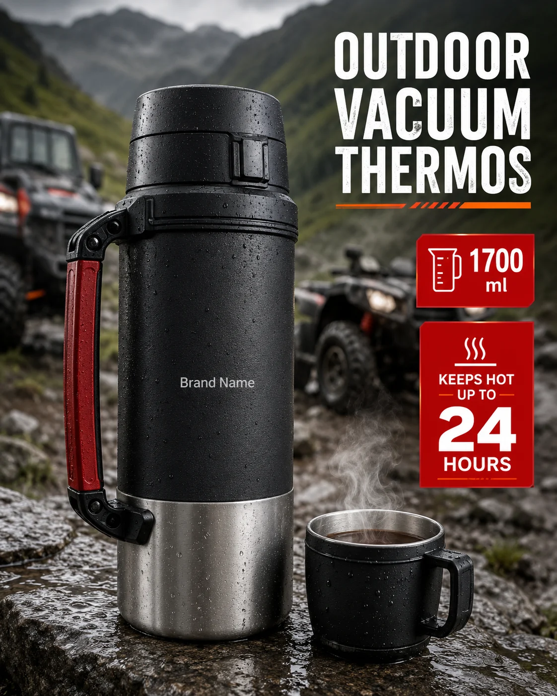 Outdoor insulated vacuum thermos with matching cup on an off-road vehicle in a mountain setting.