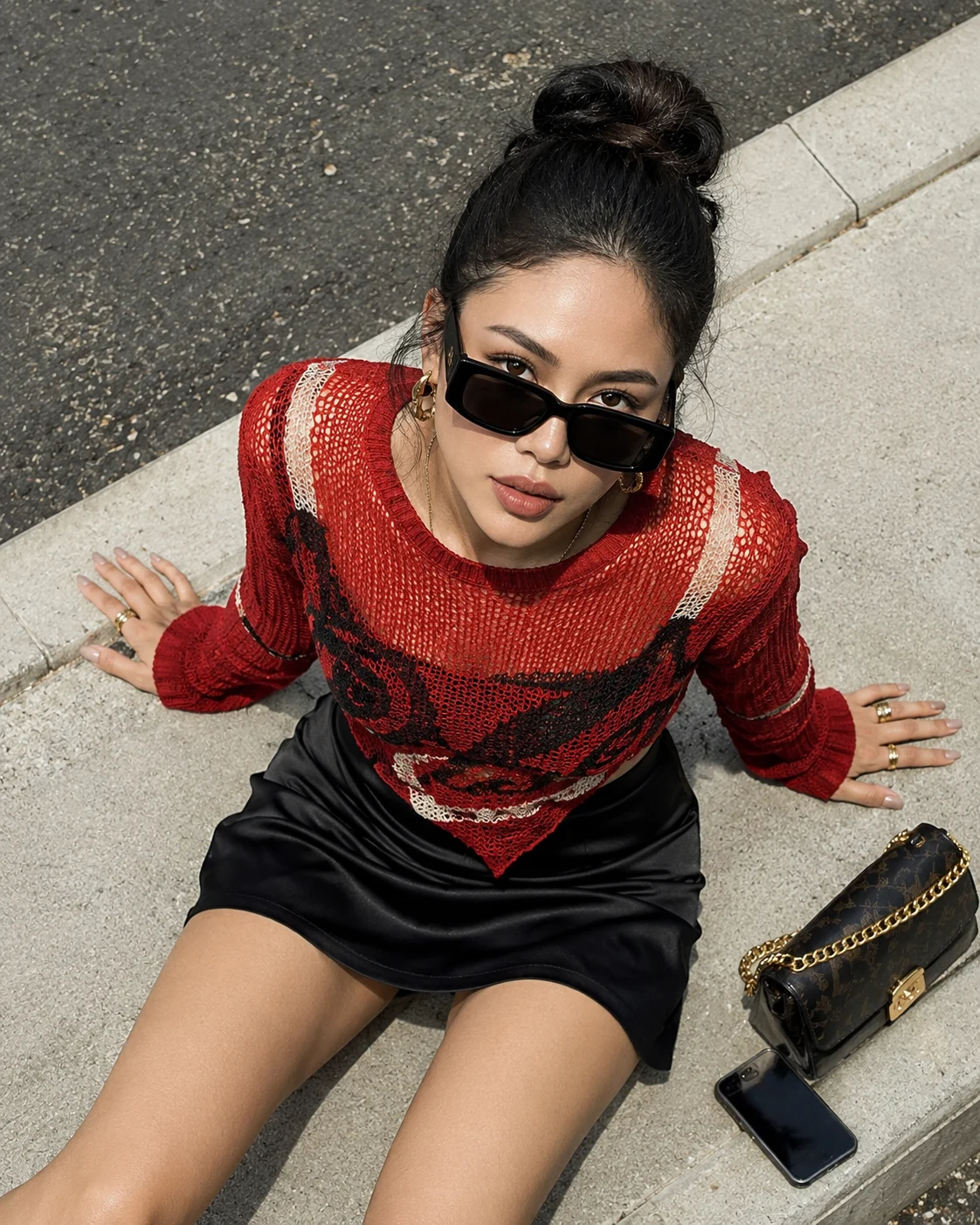 Overhead fashion portrait on a city curb with red knit styling and luxury-inspired accessories.