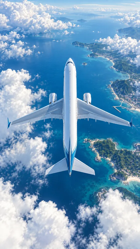 Vertical smartphone wallpaper showing a passenger airplane flying above a blue ocean, coastline, and white clouds.