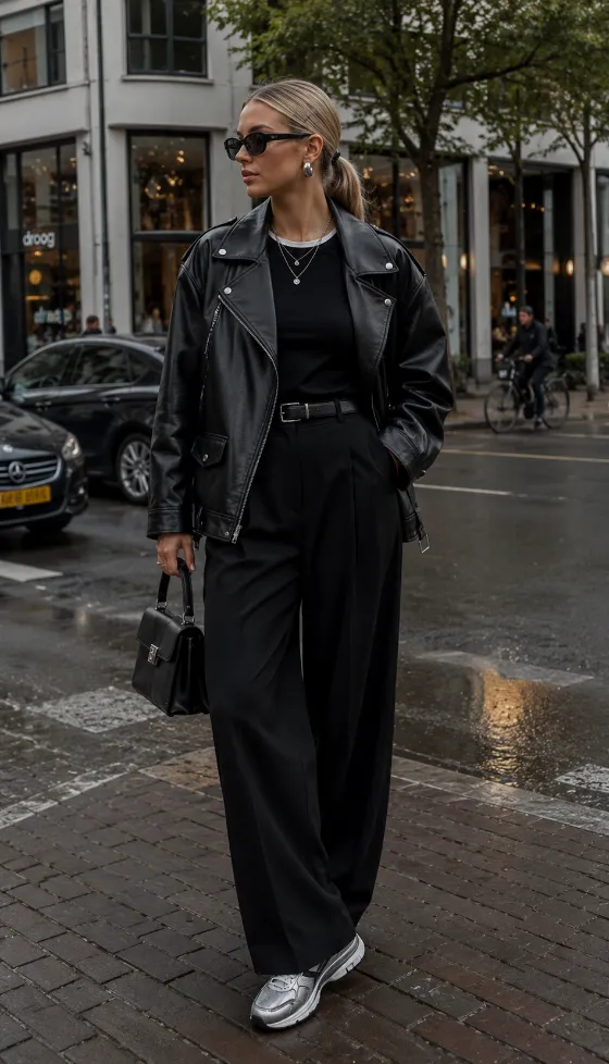 Full-length all-black street-style outfit with oversized leather jacket, wide-leg trousers, handbag, and metallic sneakers.