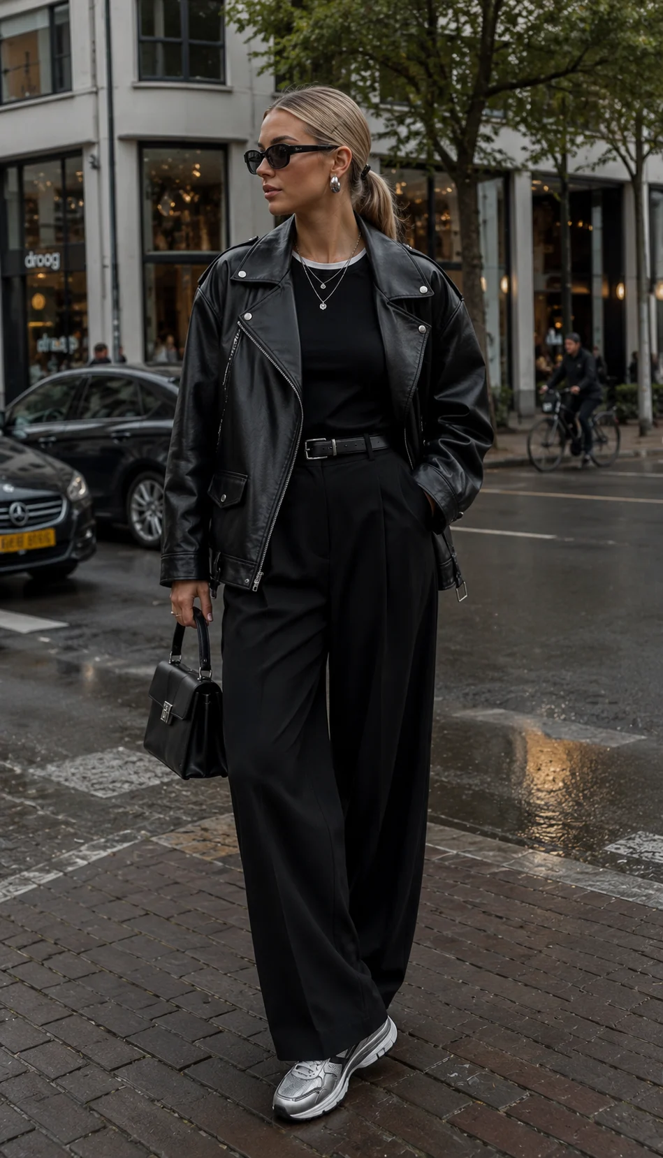 Full-length all-black street-style outfit with oversized leather jacket, wide-leg trousers, handbag, and metallic sneakers.