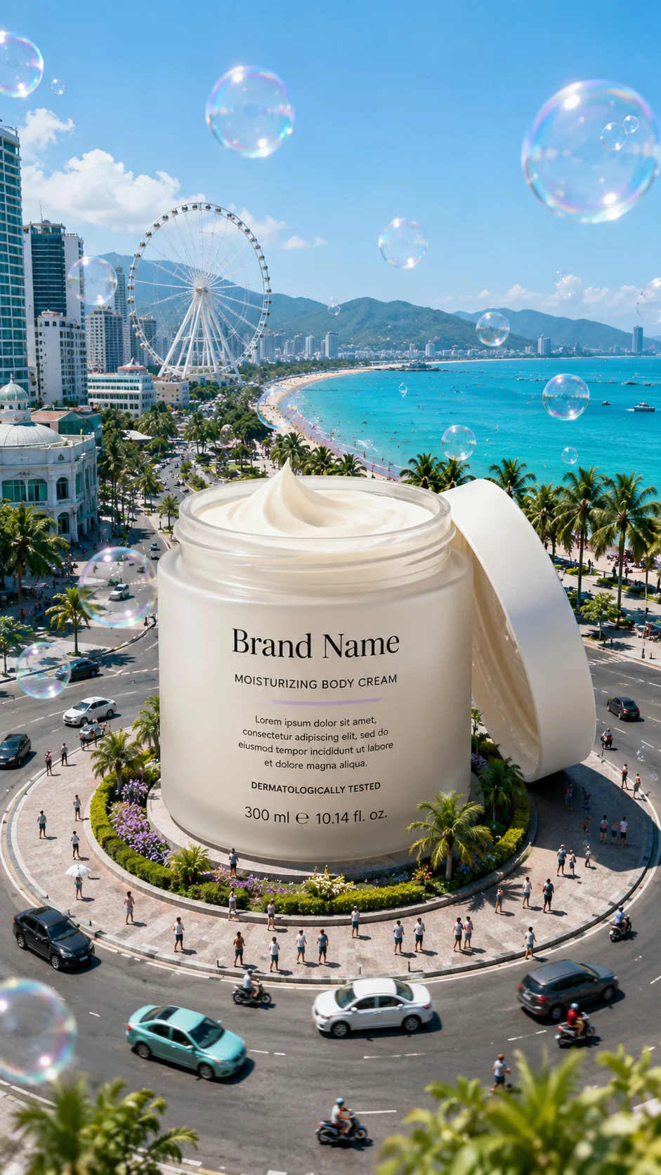 A massive frosted body cream jar in a tropical coastal city center, with people and cars showing its incredible size.