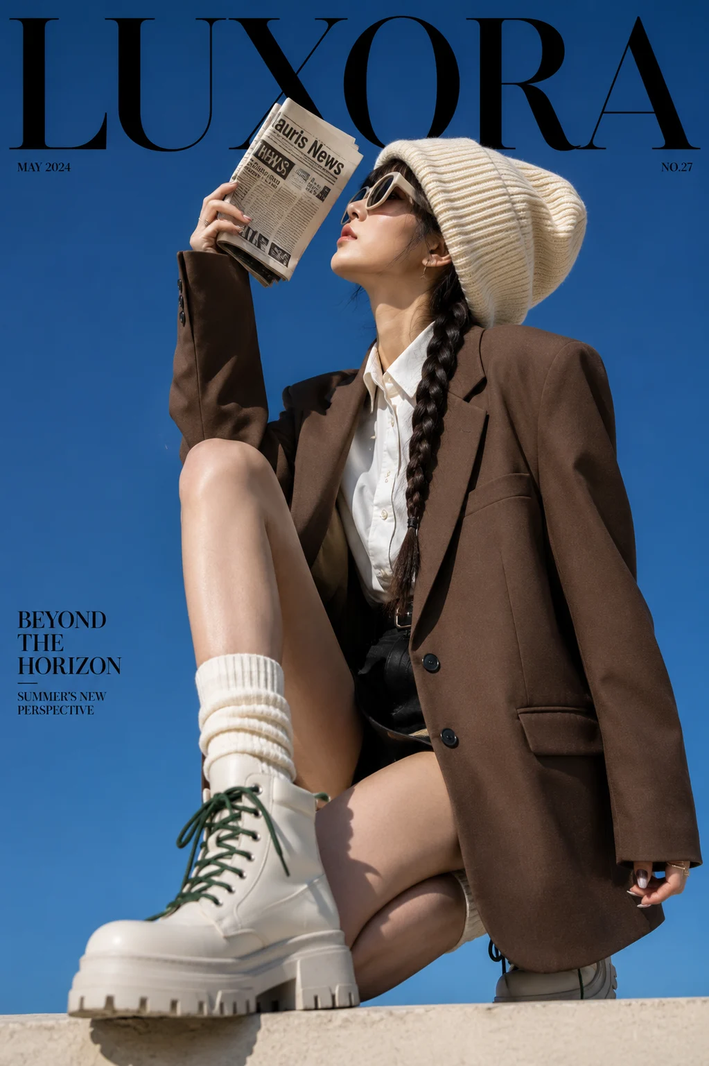 Vertical fashion editorial with a brown blazer, cream knit hat, newspaper gesture, foreground white boot, and blue sky.