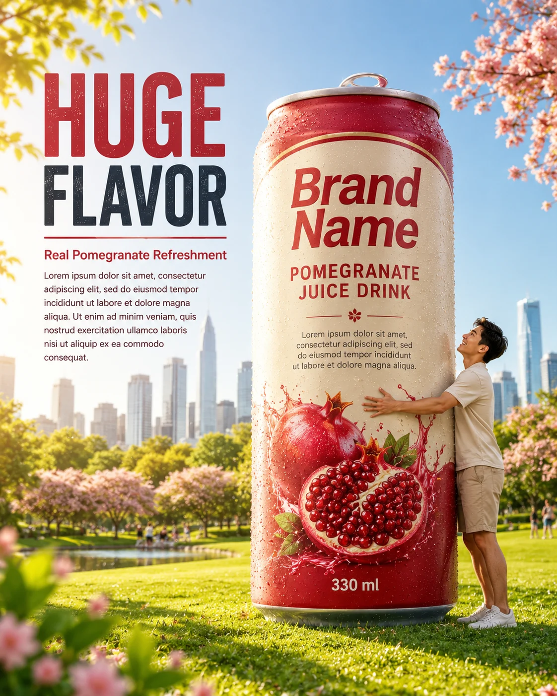 A giant pomegranate beverage can stands in a sunny park while a young adult hugs it.