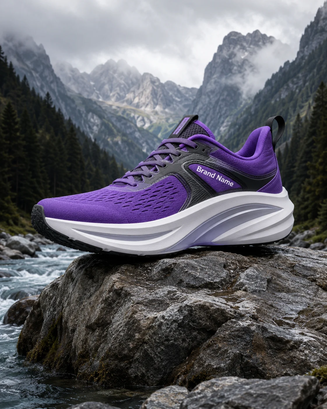 Giant purple running shoe on a rock above a mountain river with evergreen forest and misty cliffs.