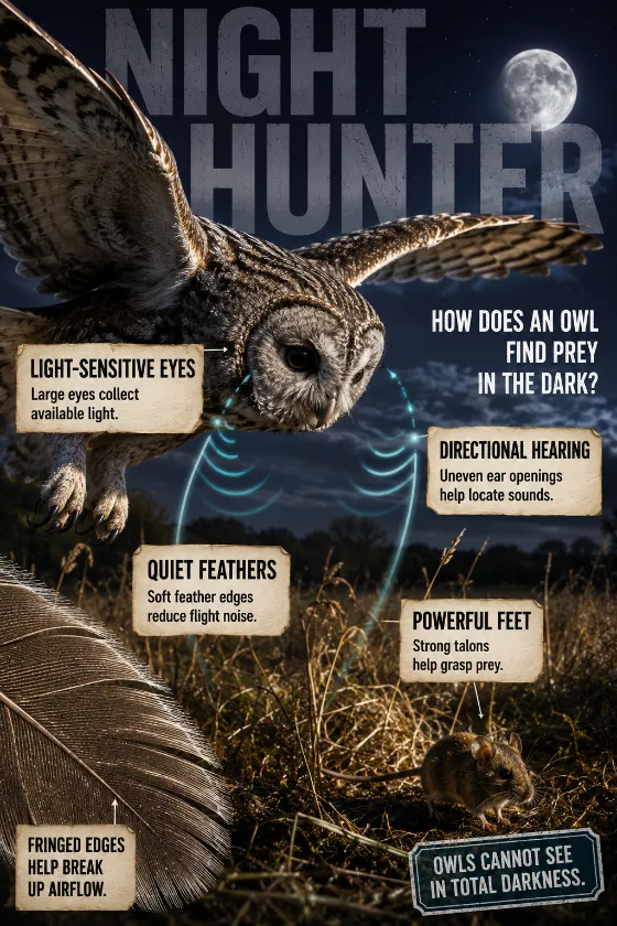 Educational moonlit owl scene with hearing paths, feather fringes, powerful feet, a small mouse, and a total-darkness clarification.