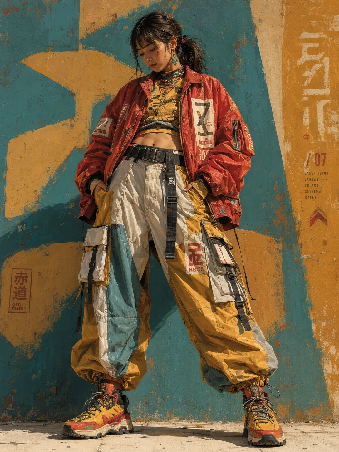 Low-angle streetwear illustration with a red technical jacket, patchwork parachute pants, utility straps and chunky yellow sneakers.