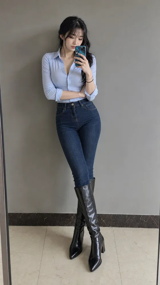 Polished casual outfit with pale blue collared shirt, dark skinny jeans, and black knee-high boots.
