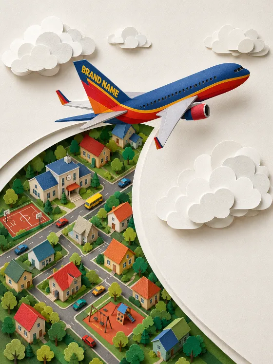 Layered paper-craft aviation scene with a passenger plane, clouds, and a colorful miniature neighborhood.