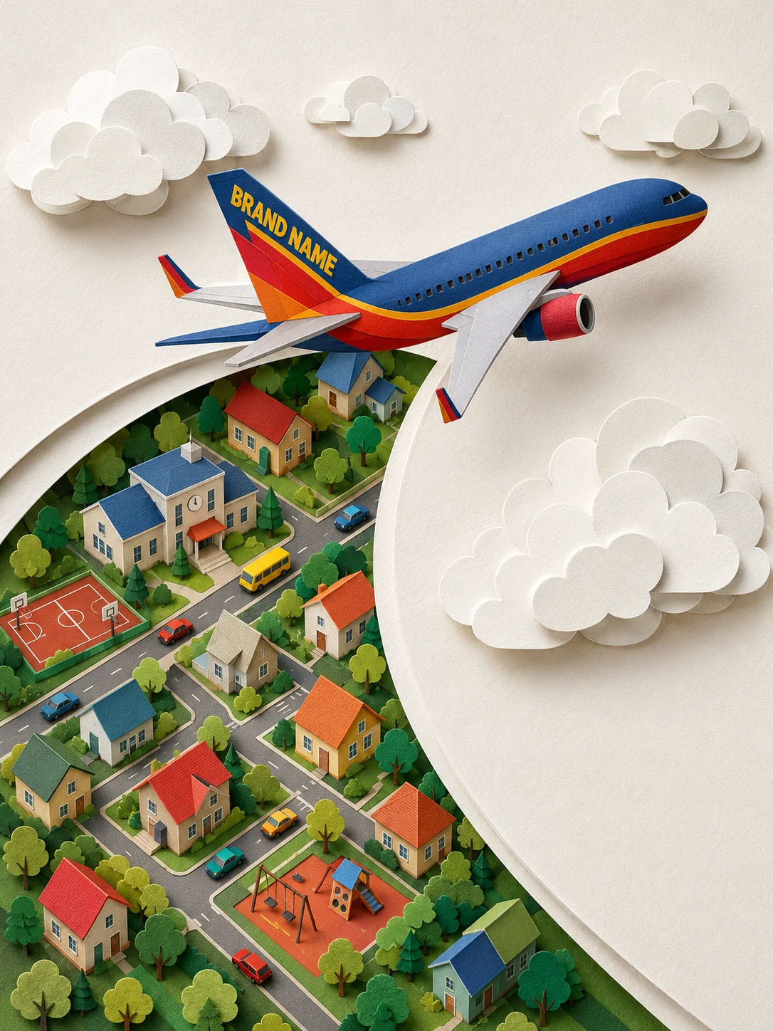 Layered paper-craft aviation scene with a passenger plane, clouds, and a colorful miniature neighborhood.