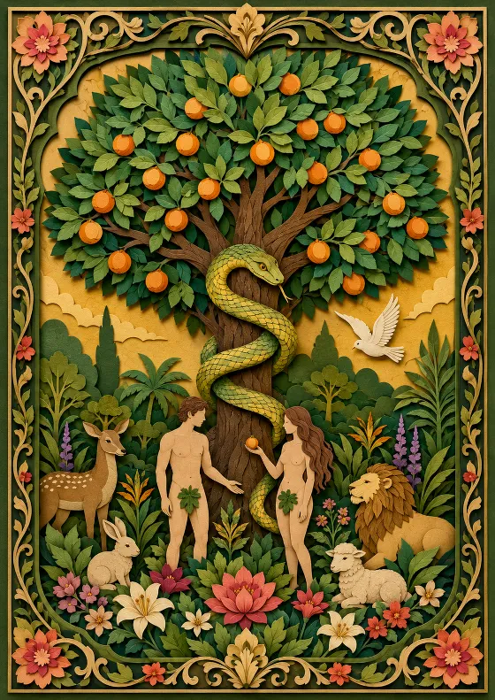 Layered paper craft Eden tree illustration with serpent, fruit, animals, flowers, and ornate frame.