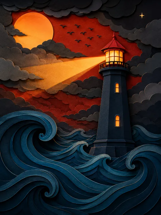 Layered paper lighthouse artwork with dark waves, glowing windows, moonlight, and storm clouds.