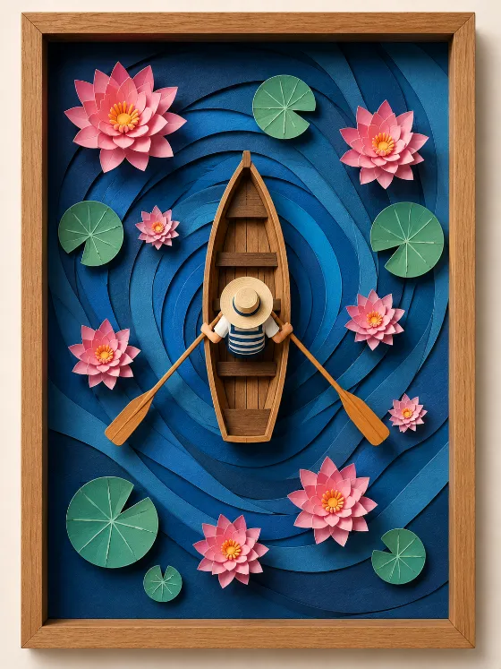 Framed paper-craft lotus pond with a central rowboat and colorful layered botanical details.