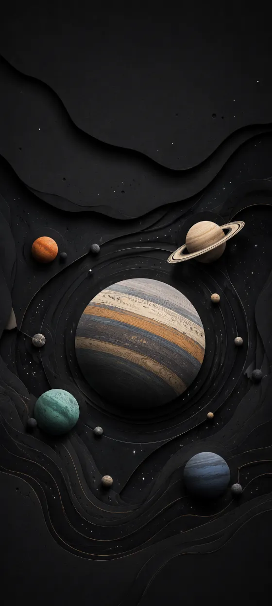 Layered dark paper-cut space scene with a large striped planet, colorful smaller planets, tiny stars, and graphite orbital shapes.