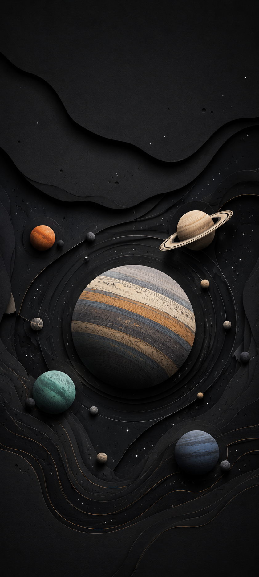 Layered dark paper-cut space scene with a large striped planet, colorful smaller planets, tiny stars, and graphite orbital shapes.