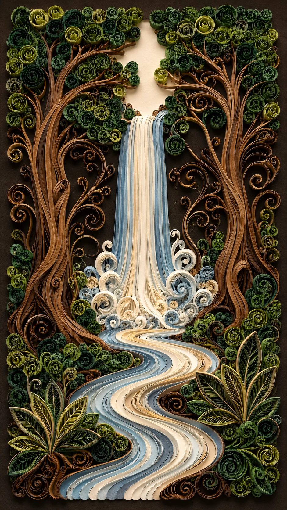 Vertical quilled-paper forest landscape with waterfall, river, trees, and spiral leaves.