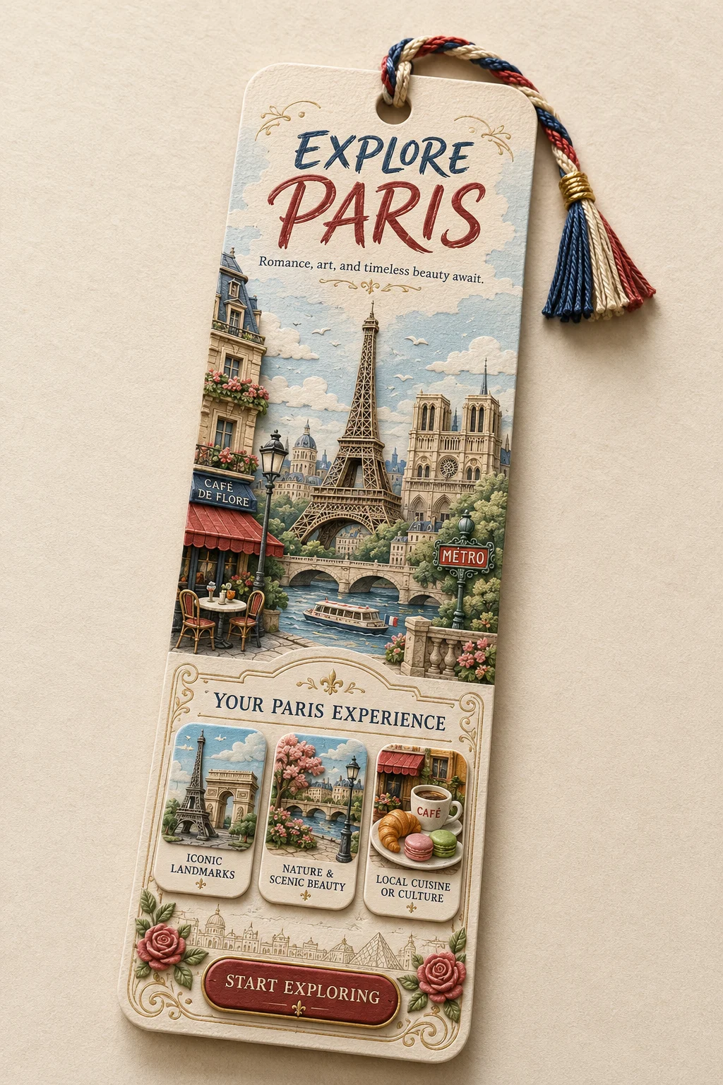 Handcrafted {LOCATION} travel bookmark with layered paper scenery, braided tassel, ivory panel, and clay miniature cards.