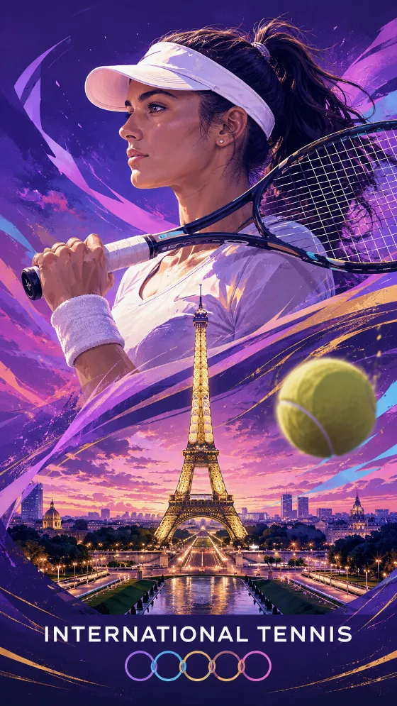 Illustrated tennis player with a Paris landmark in a vivid purple and gold editorial composition.