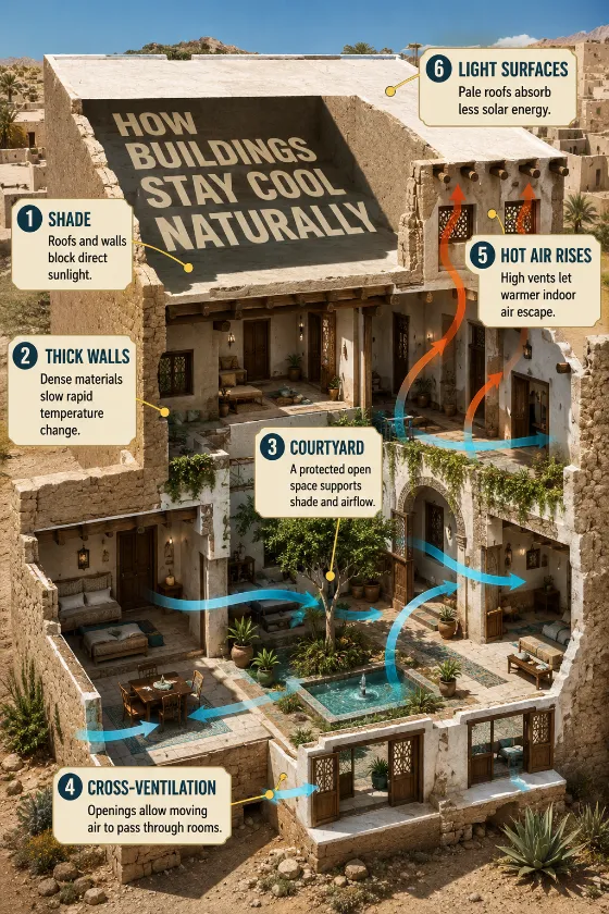 Realistic courtyard-house cutaway with six passive cooling strategies, strong sun and shadow, turquoise tile, plants, and airflow moving from low openings to high vents.