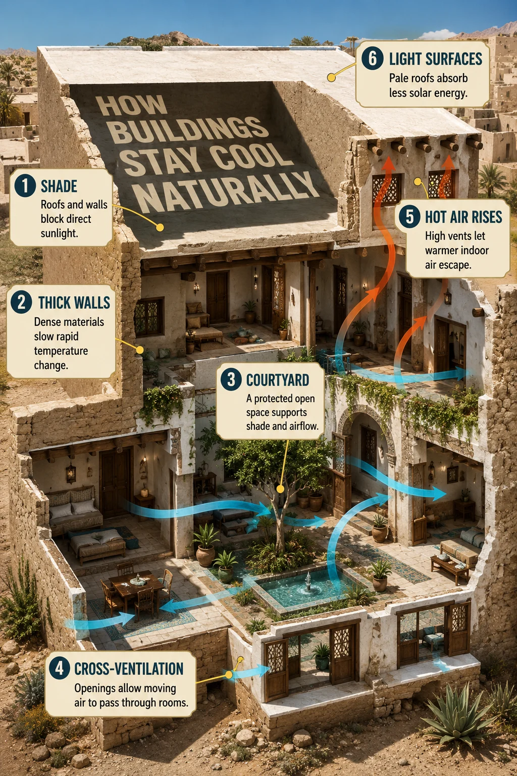 Realistic courtyard-house cutaway with six passive cooling strategies, strong sun and shadow, turquoise tile, plants, and airflow moving from low openings to high vents.