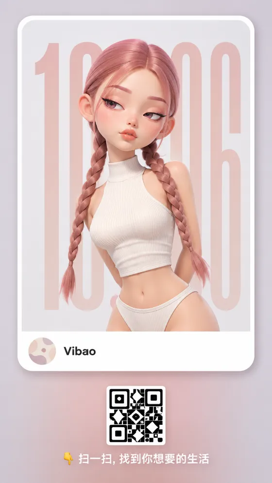 Pink-braided 3D character on a rounded white social card with blush typography and a decorative scan graphic.
