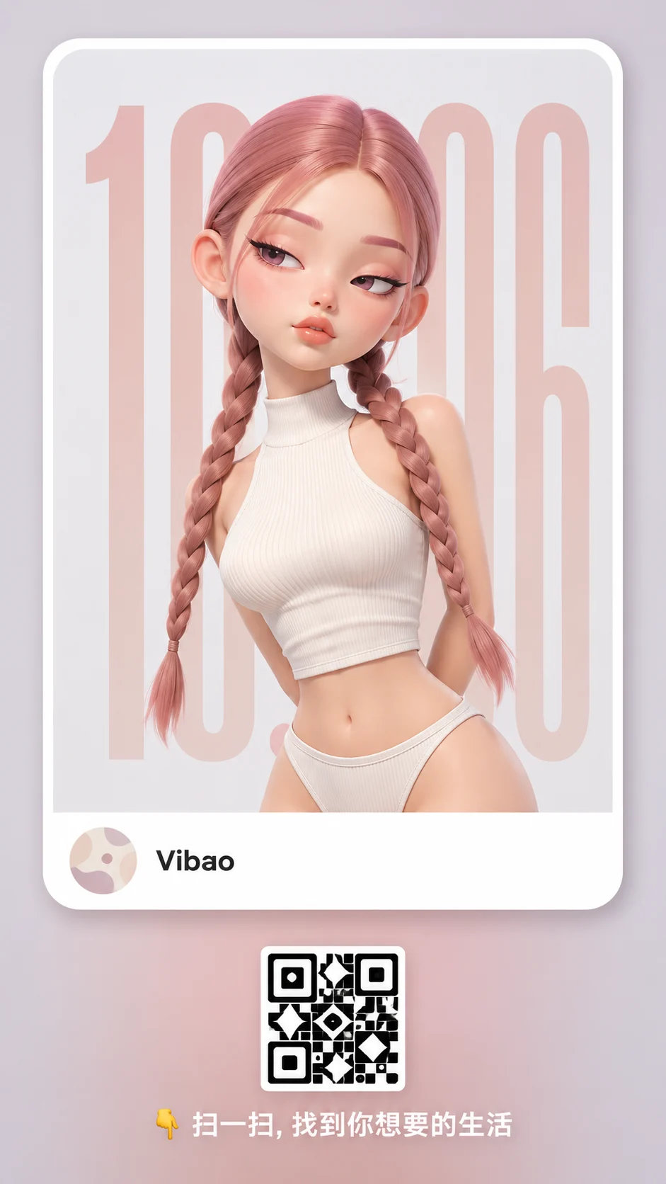 Pink-braided 3D character on a rounded white social card with blush typography and a decorative scan graphic.