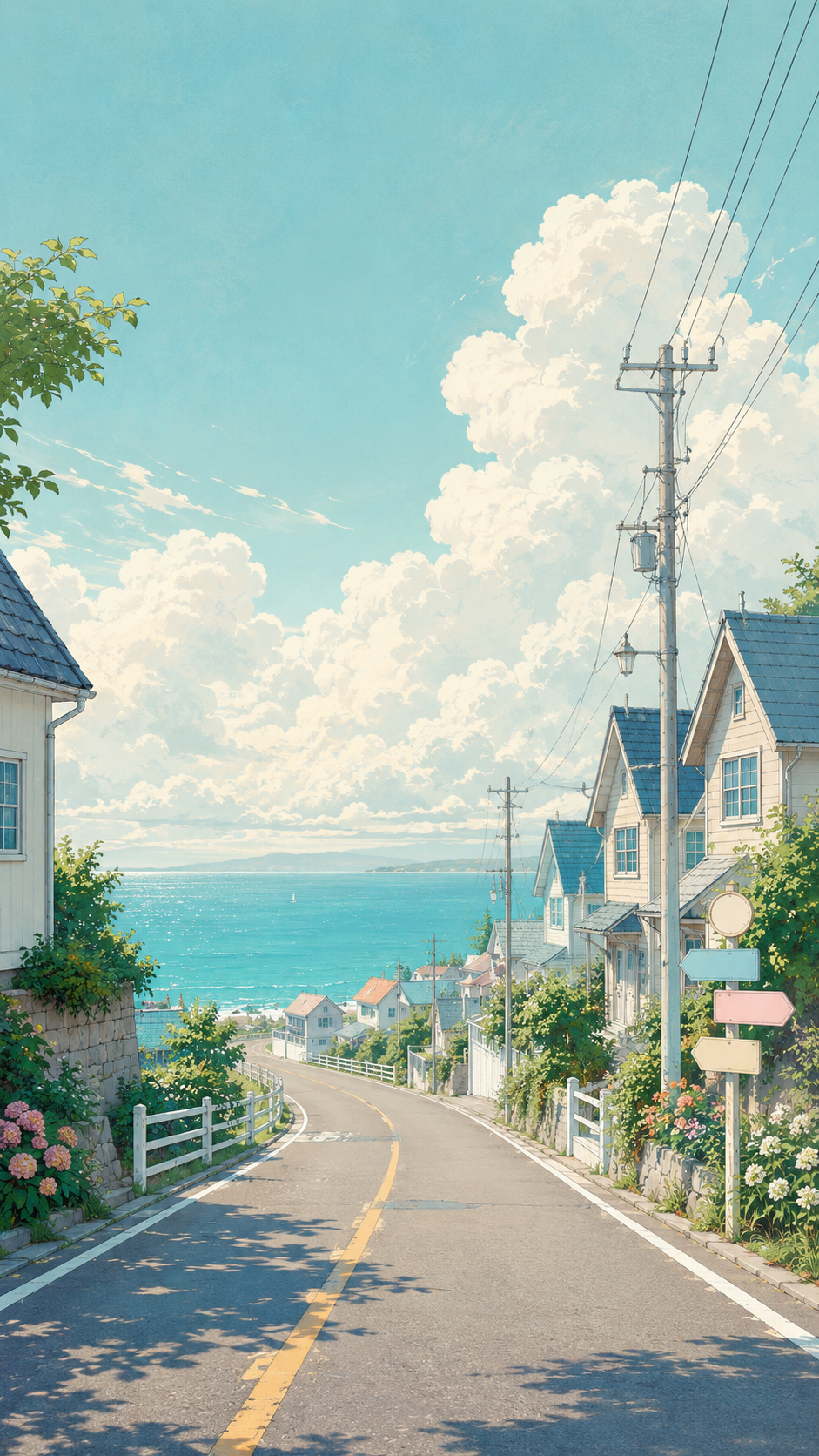 Pastel anime coastal village with a curved road leading toward a turquoise sea, framed by houses, utility poles, gardens, and large summer clouds.