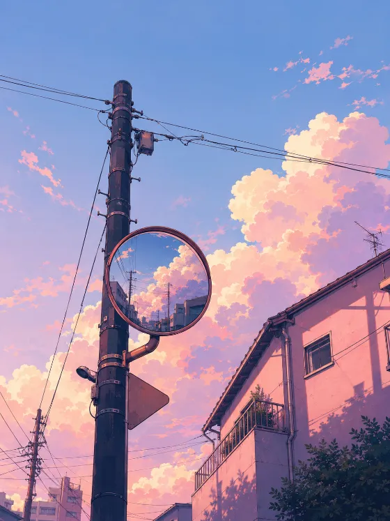 Anime-style low-angle urban street scene with a utility pole, overhead wires, convex mirror, pink buildings, and pastel clouds.