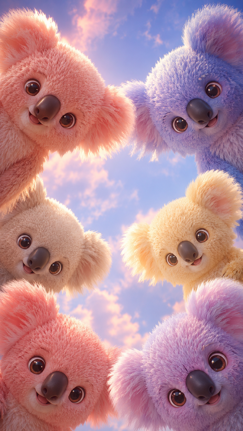 Pastel fluffy creatures with large expressive eyes peeking into a dreamy blue phone wallpaper.
