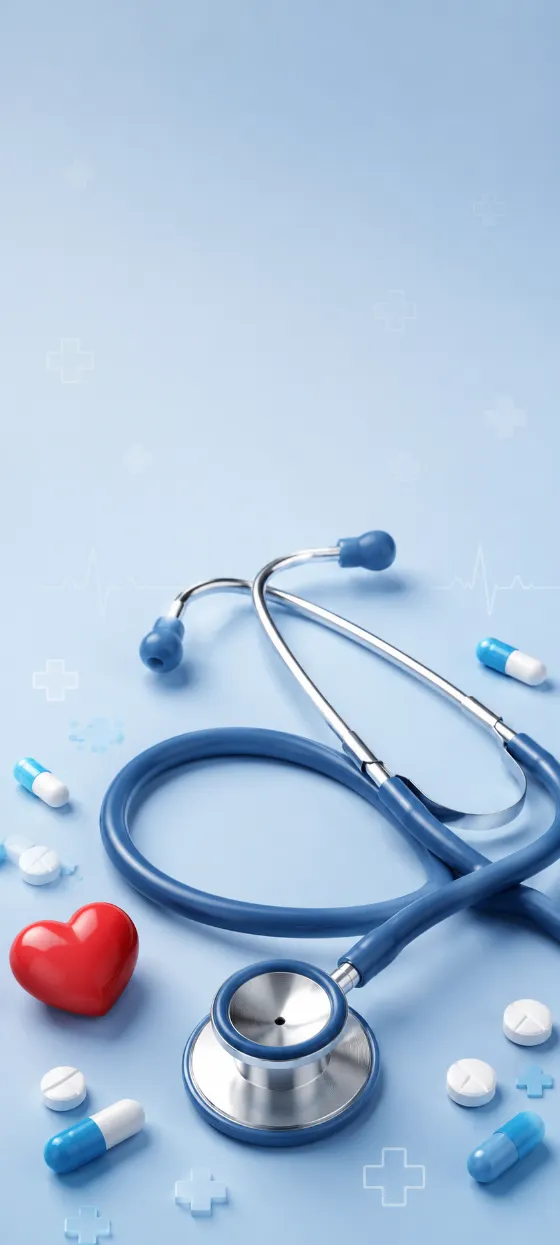 Pastel blue medical wallpaper with a large stethoscope, pills, faint cross symbols, and a red heart accent.