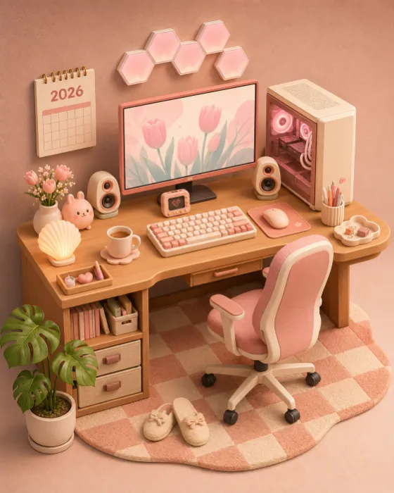 Cozy pastel computer workspace diorama with desk, pink chair, glowing PC, rug, wall decor, storage, and plant.