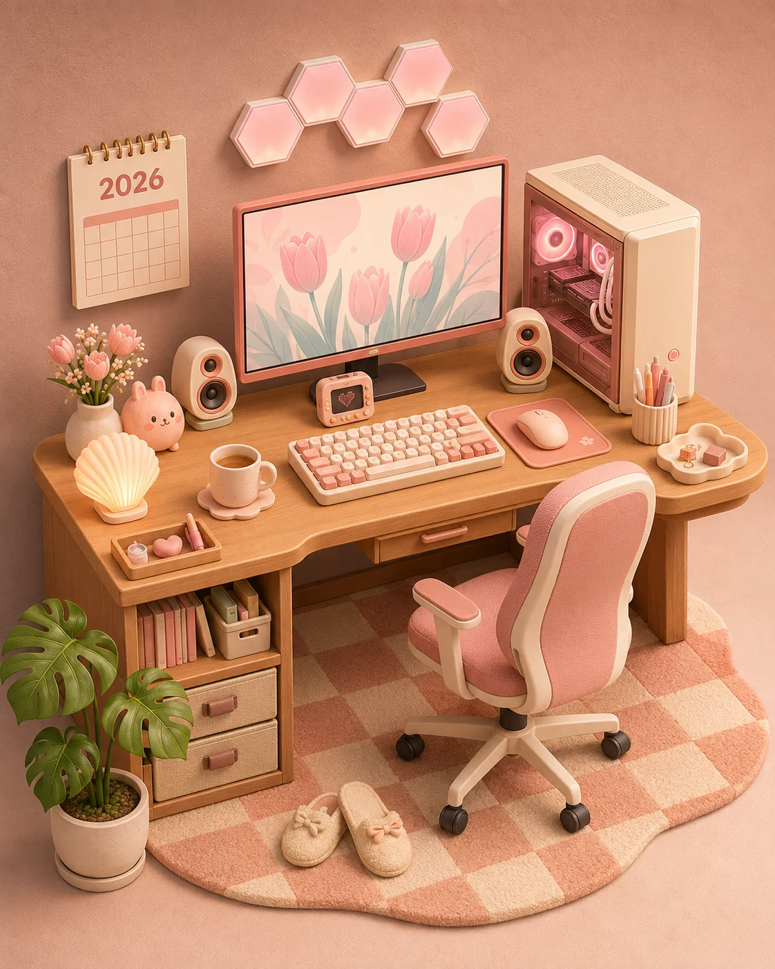 Cozy pastel computer workspace diorama with desk, pink chair, glowing PC, rug, wall decor, storage, and plant.