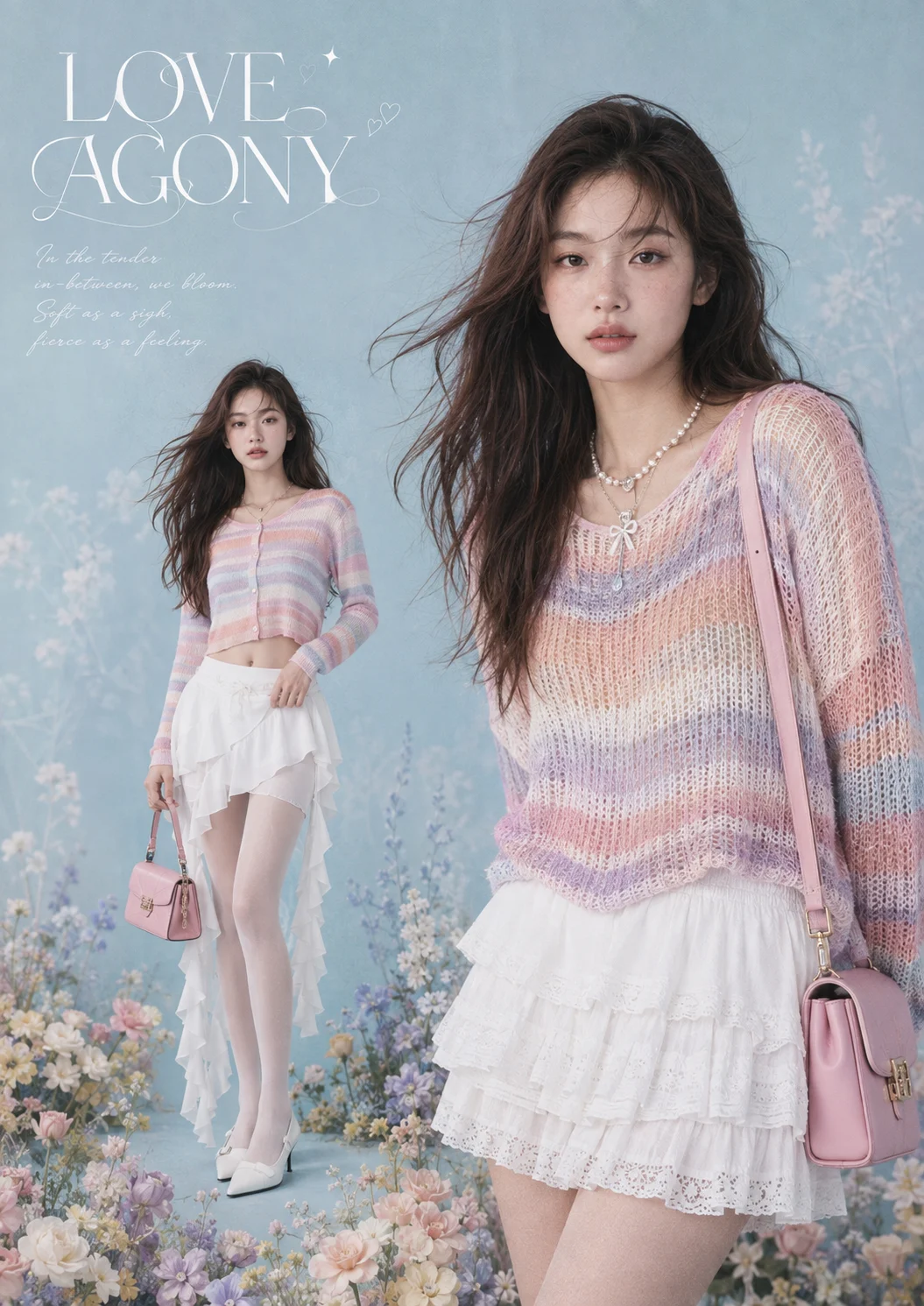 Vertical pastel fashion collage with a full-body model and large portrait wearing striped knitwear and layered white skirts against a misty aqua floral backdrop.