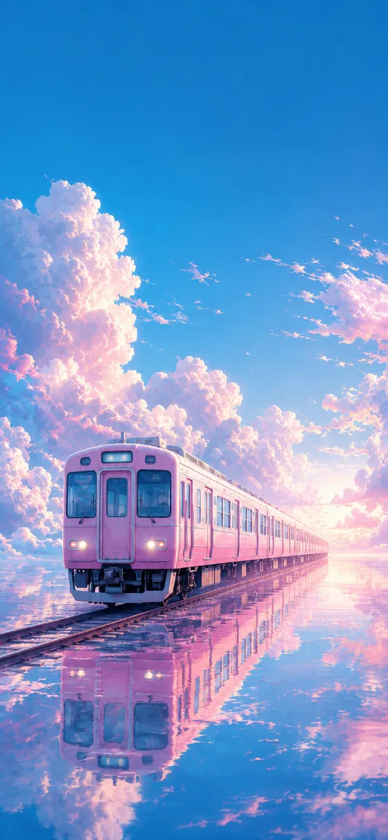 Soft pink commuter train moving across reflective water beneath towering pastel clouds and a vivid blue sky in a vertical scene.