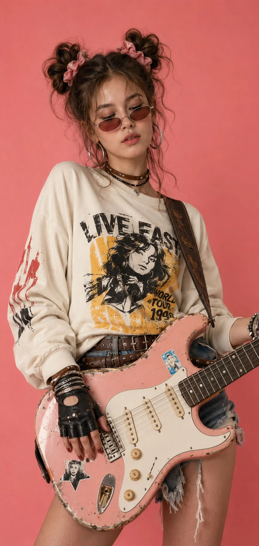Woman in oversized graphic sweatshirt and distressed denim holding a pink guitar, wearing layered leather accessories and tinted oval sunglasses in a coral studio.