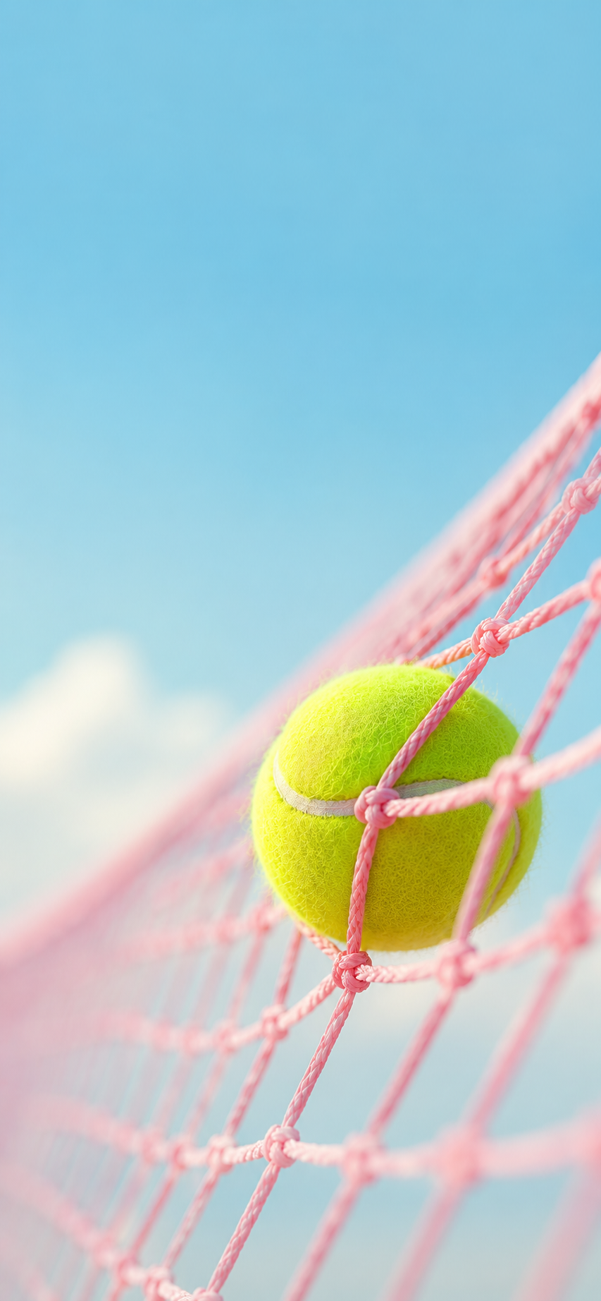 Macro close-up of a bright green tennis ball caught in a pastel pink tennis net against a blue sky.