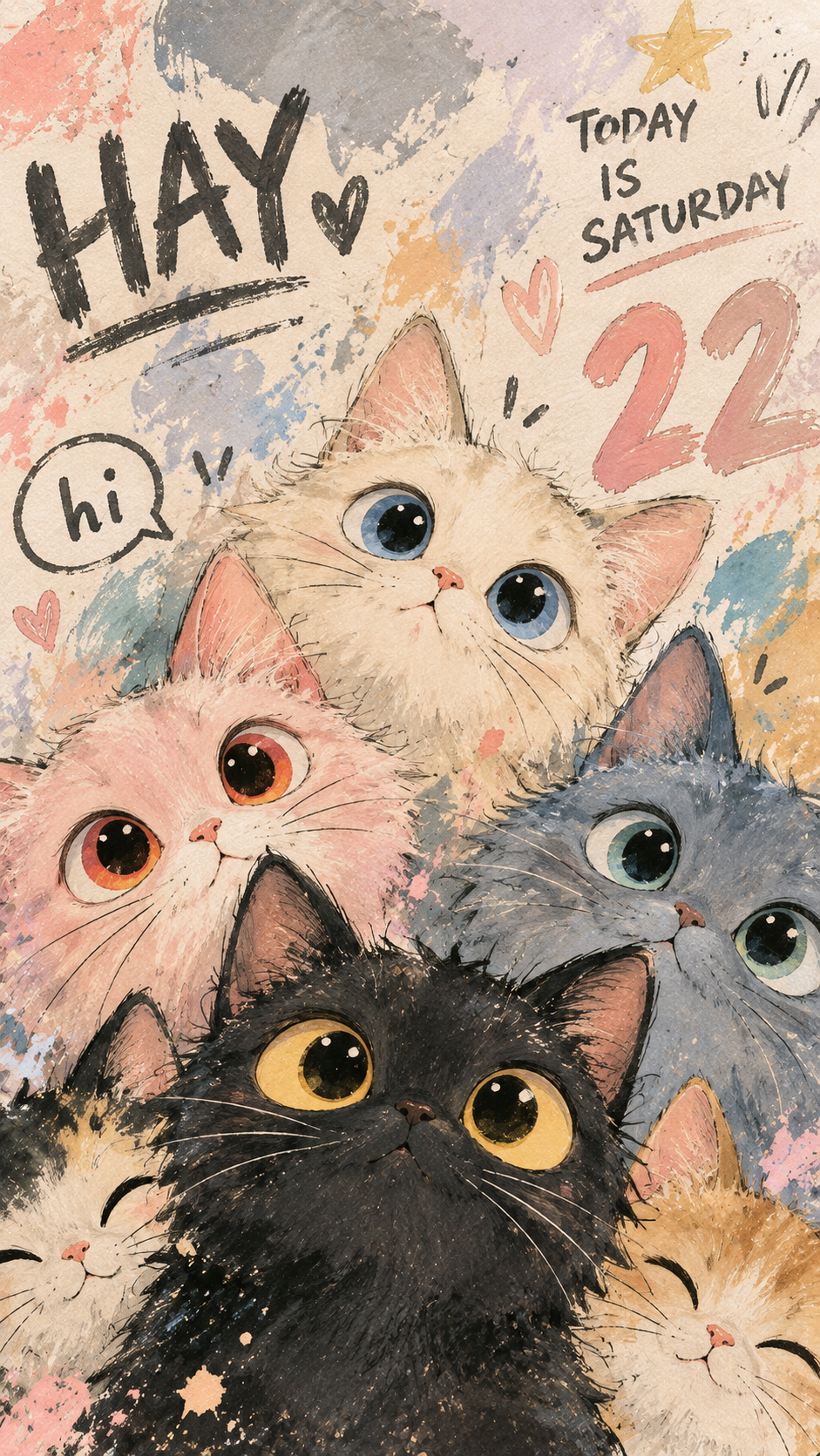 Vertical pastel watercolor wallpaper showing a playful group of expressive illustrated cats with oversized colorful eyes.