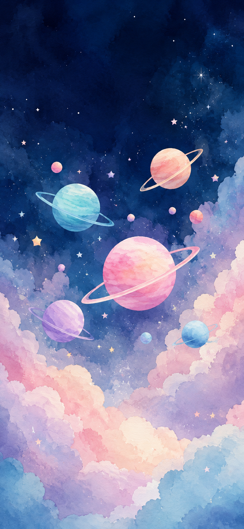 Pastel watercolor planets and stars floating above colorful clouds in a deep navy space scene.