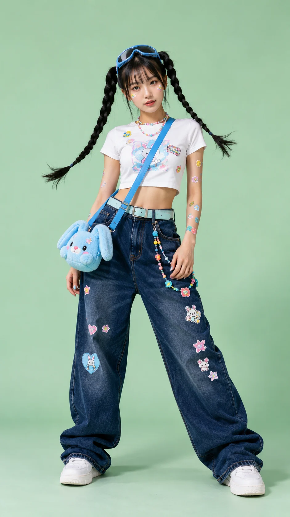 A young woman with braided pigtails wearing a white cropped tee, oversized denim jeans with patches, blue goggles, and a blue bunny bag in a mint green studio.