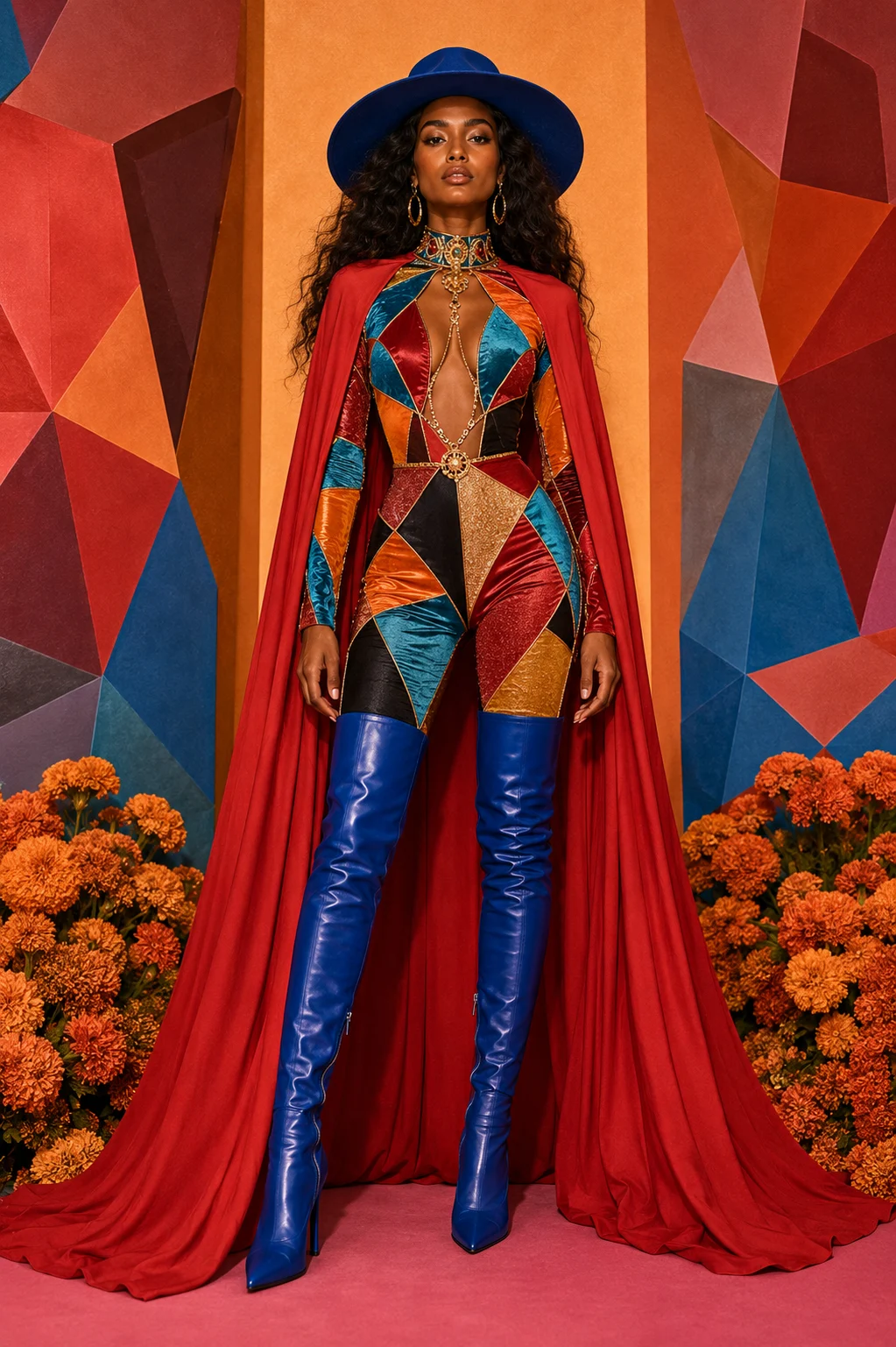 Full-body editorial fashion image of a young Melanesian woman in a patchwork bodysuit and red cape with blue boots and a cobalt hat.
