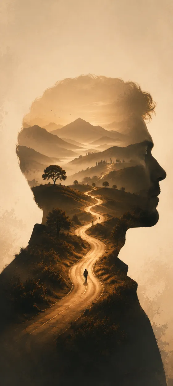 Anonymous human profile silhouette filled with sepia hills, misty mountains, trees, tiny travelers, and a glowing winding road.