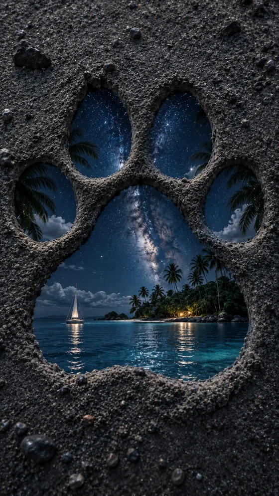 A paw-shaped opening reveals a tropical island, sailboat, palm trees, ocean, and Milky Way under a dark night sky.
