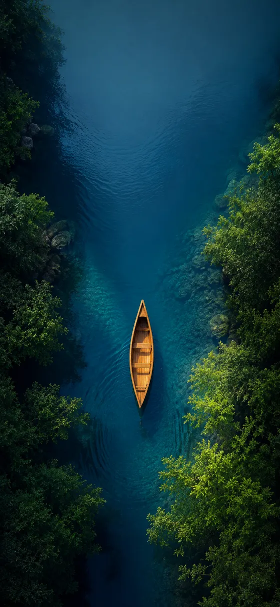 Top-down view of a wooden canoe floating through a deep blue forest river surrounded by lush green trees.