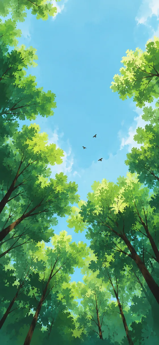 Illustrated view looking upward through lush green forest trees surrounding a bright blue sky.